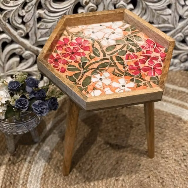 Hartsmede Handmade Hexagonal Mosaic Side Table in Red and Multicolour, W/D/H: 36 x 36 x 47 cm