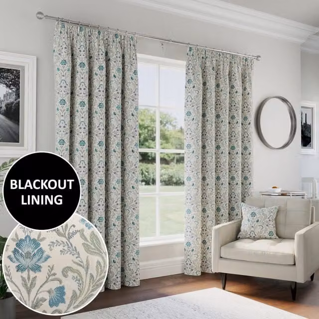 Enhanced Living Blue and Red Floral Blackout Pencil Pleat Linen Curtains, Height: 229 cm