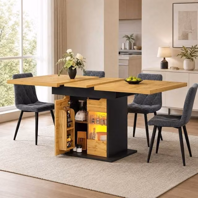 STILVORA Modern Rectangular Extendable Dining Table with LED Lighting and Storage in Black, W/D/H: 110 x 80 x 76 cm – 1