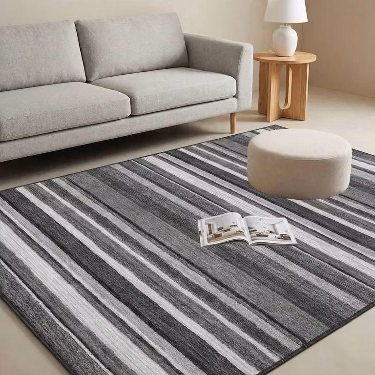 MCC Direct Modern Striped Rectangular Microfibre Rug in Grey, W: 160 cm, D: 230 cm