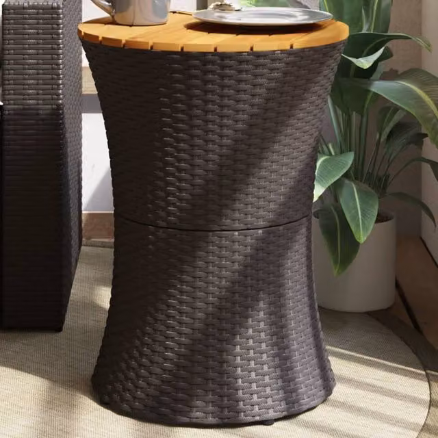 Berkfield Home Garden Drum Shape Side Table in Black Poly Rattan and Acacia Wood
