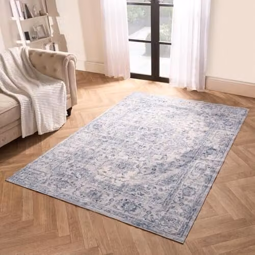 OHS Vintage Printed Washable Blue Rug, W/D/H: 150 x 80 x 1 cm