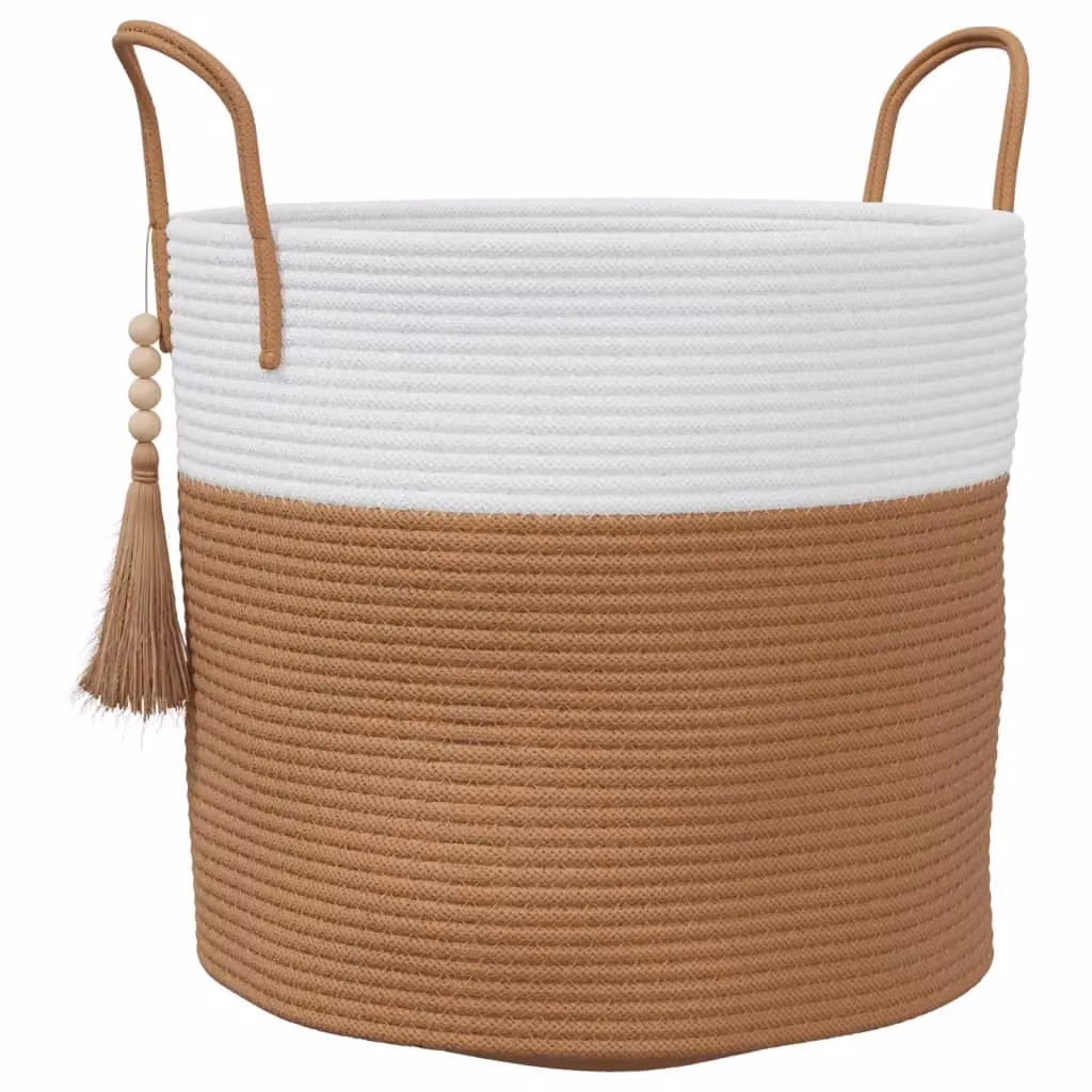 Berkfield Cotton Open Weave Storage Basket in Brown and White, W: 40 cm, D: 35 cm, H: 35 cm – 2
