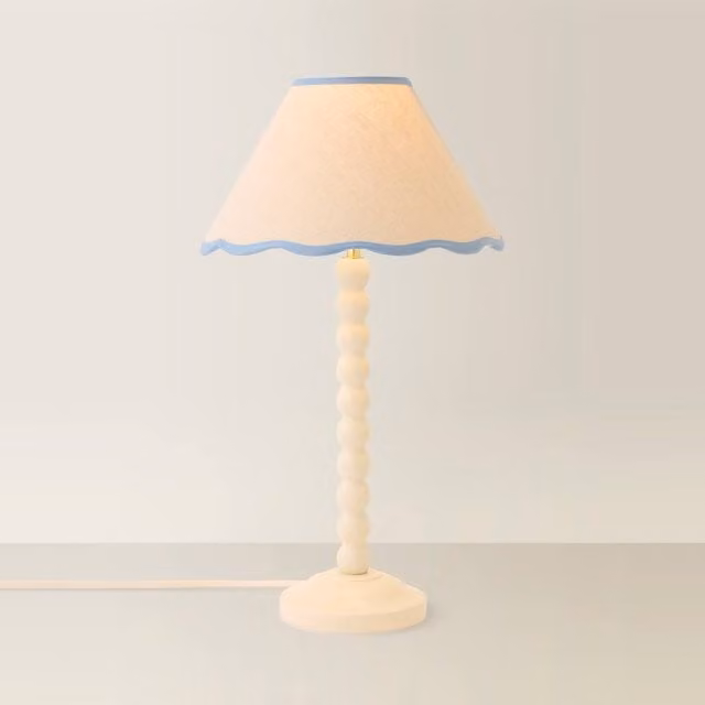 ValueLights Bobbin Cream Table Lamp with Blue Trim Linen Shade and LED Bulb