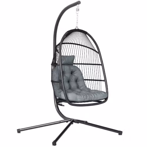 Outsunny Rattan Hanging Egg Chair with Stand and Cushions, Grey