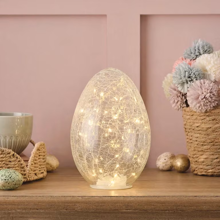 Lights4fun 50 LED Crackle Glass Easter Egg Decoration, Silver, White and Transparent, H 21 cm x W 15 cm x D 15 cm