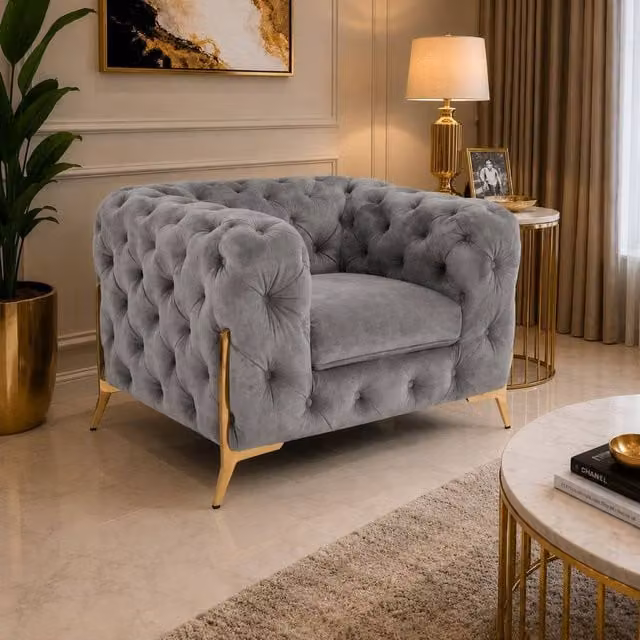 Stratus Interiors Chesterfield 1 Seater Sofa in Pale Grey Plush Velvet