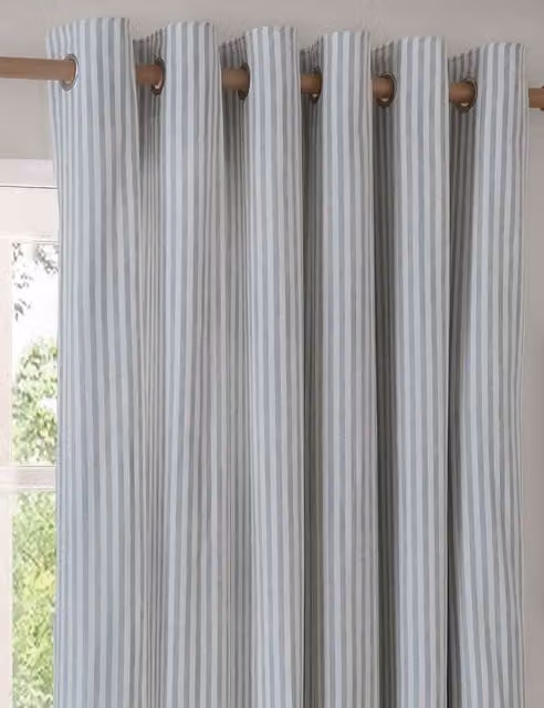 YARD Hebden Blue Mix Striped Pure Cotton Opaque Eyelet Curtains W: 168 cm, H: 137 cm