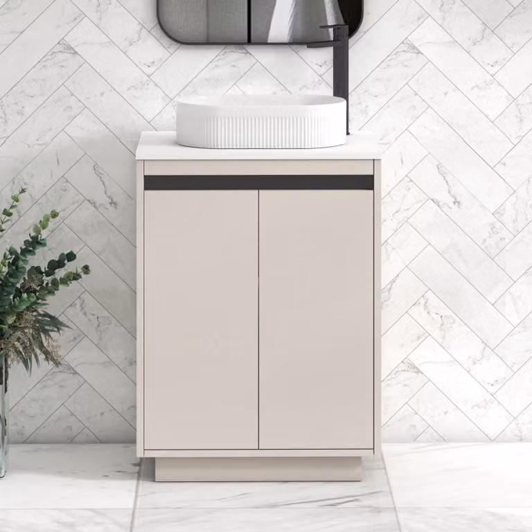 Royal Bathrooms Orion 600mm Warm Taupe Floor Standing 2 Door Vanity Unit with Lyon Basin and Black Accent Trim