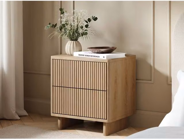 Solace+Co Velmor 2 Drawer Ribbed Bedside Table in Oak