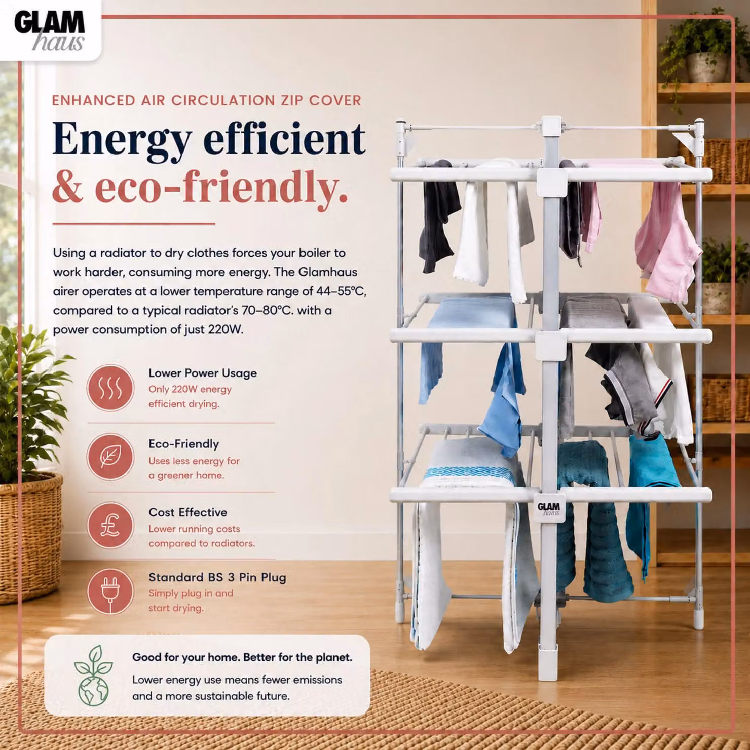 Glamhaus Electric Heated Clothes Airer Dryer, 3 Tier Foldable Metal Indoor Rack in White – 2