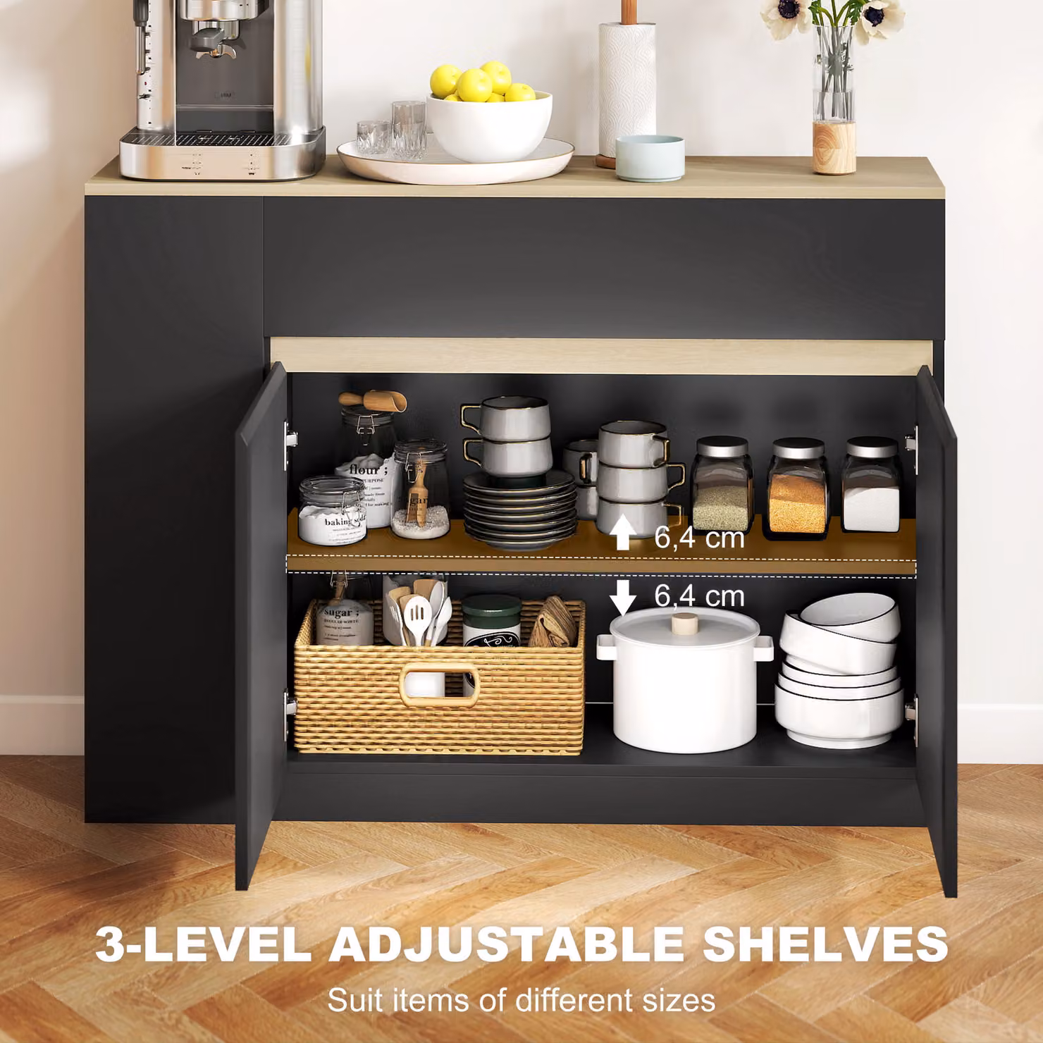 HOMCOM Modern Black Sideboard Storage Cabinet with 2 Drawers and 3 Open Shelves – 4