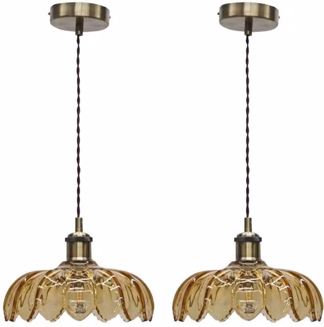 First Choice Lighting Alice Set of 2 Amber Leaf Pendant Shades with Antique Brass Flex in Yellow – 1