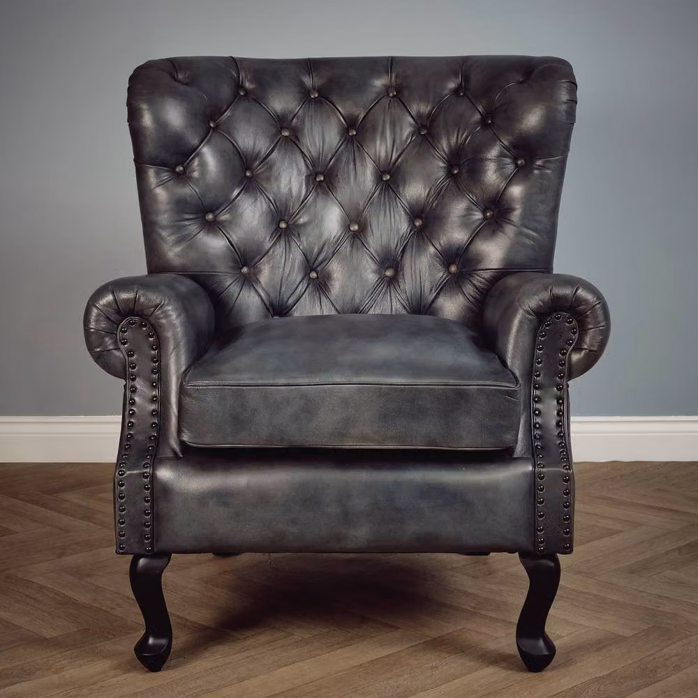 Elm Home And Garden Queen Anne High Back Wing Accent Arm Chair in Grey Genuine Leather – 2