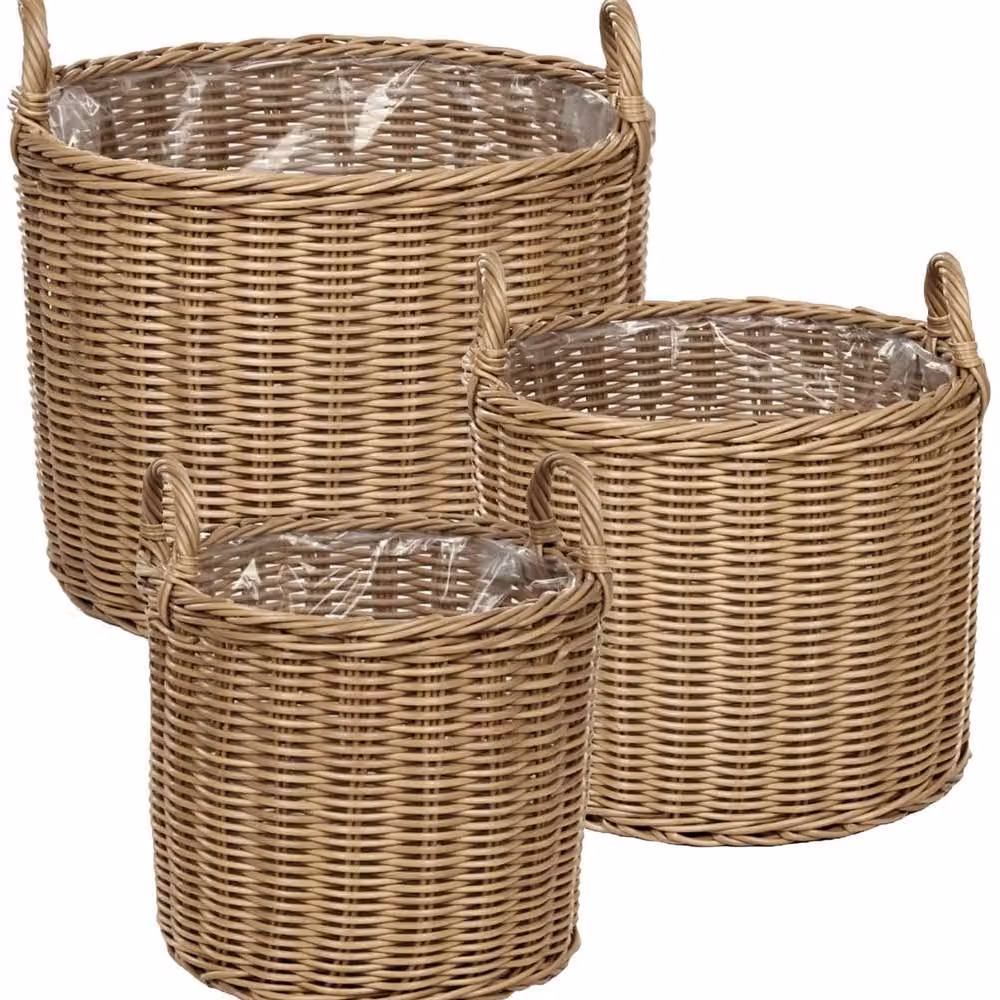 Wyld and Coco Evergreen Plant Baskets 3 Pack, Natural Brown Round PE Rattan Tabletop Baskets – 2
