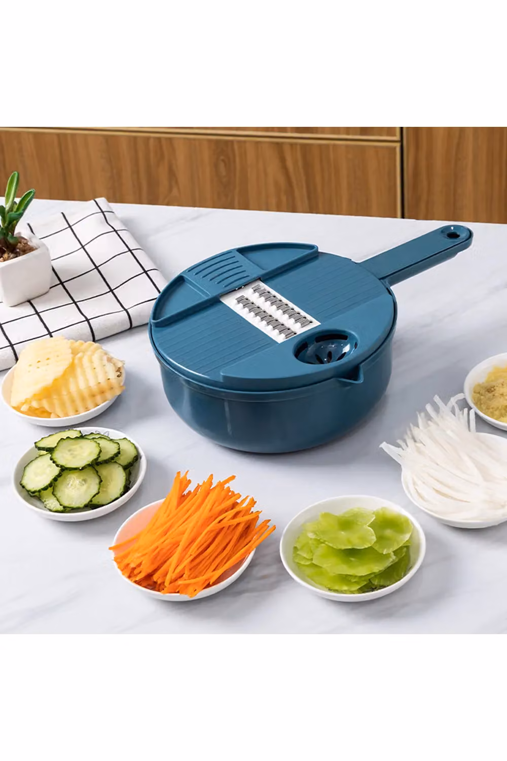 Living and Home 9-in-1 Multifunctional Kitchen Vegetable Slicer and Chopper with 6 Blades, Drain Basket and Handguard, Dark Blue – 2