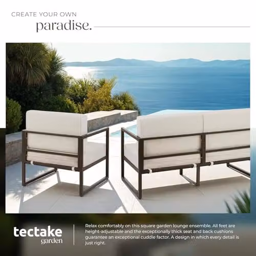 tectake Minimalist Garden Furniture Set in White with 2-Seater Sofa, 2 Lounge Armchairs and Upholstered Cushions with Powder Coated Steel Frames – 5