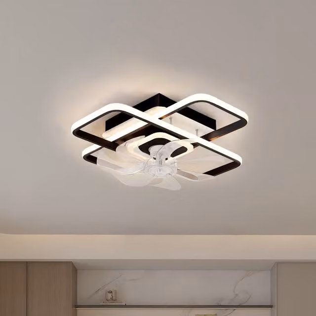 Livingandhome RGB Square Frame LED Ceiling Fan Light with Remote Control, Black and Transparent