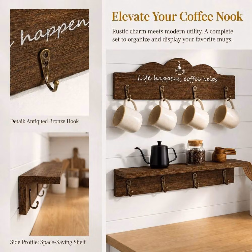 Kelvenix Brown Wood Wall Mounted Coffee Mug Holder with 8 Hooks, 2 Pack – 4