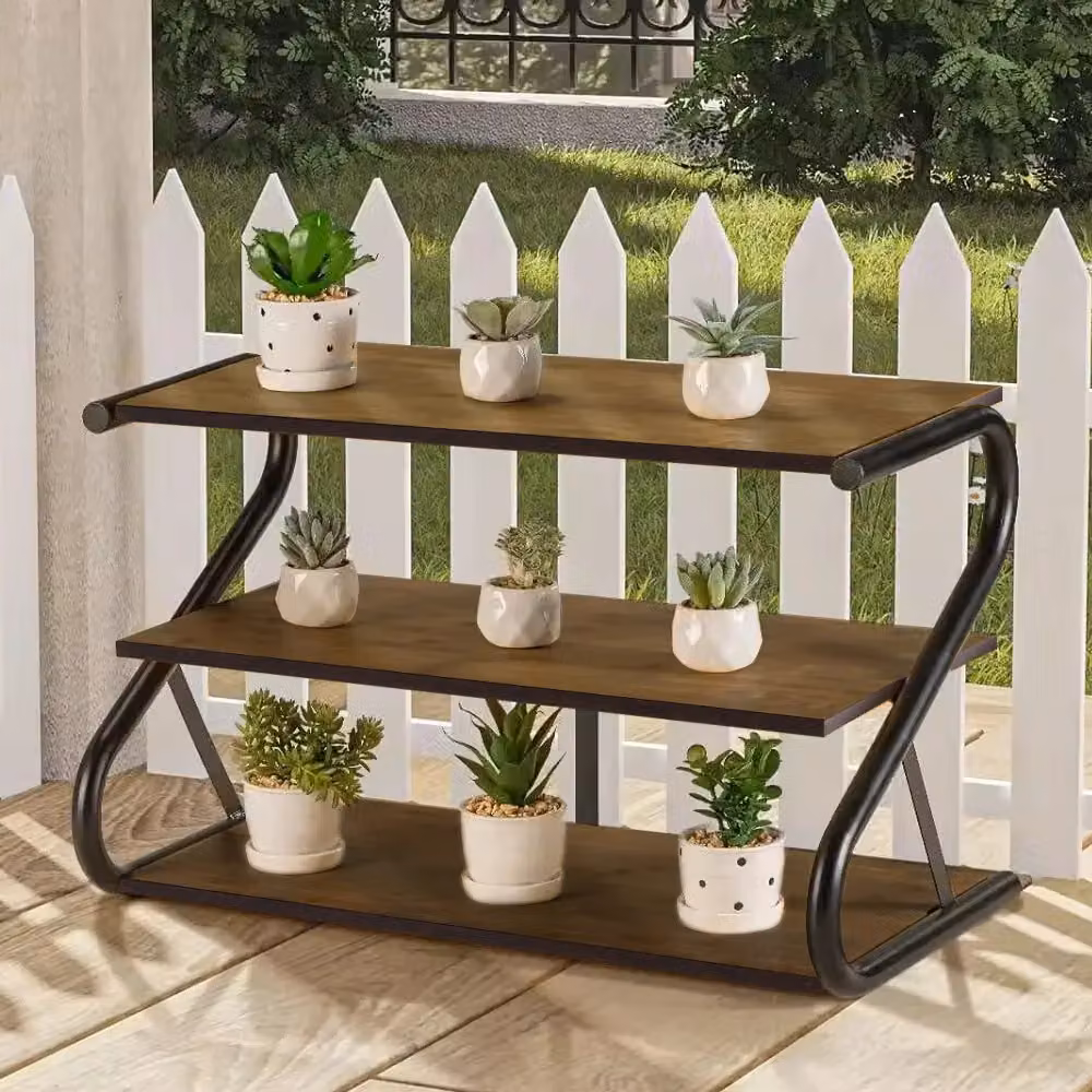 Living and Home Rustic 3-Tier S-Frame Shoe Rack and Plant Stand in Brown and Black – 4