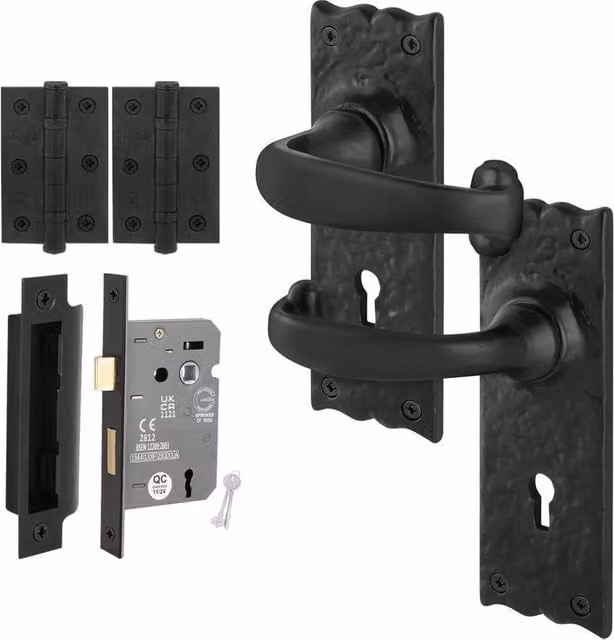 AFIT Black Antique Cast Iron Door Handles with Key Lock and 64mm Hinges, 1 Pair, W/H: 15 x 15 cm – 1