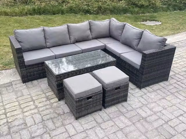 Fimous 8 Seater Rattan Corner Sofa Lounge Set with Rectangular Coffee Table and 2 Stools, Right Hand, Dark Grey