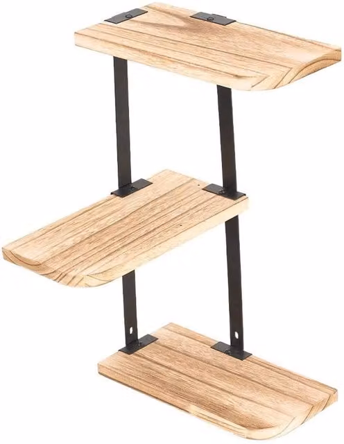 VOGREX 3 Tier Rustic Wood and Metal Wall Mounted Corner Shelves in Beige and Brown – 1