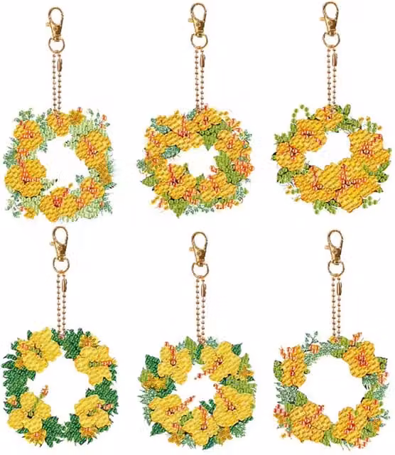 Syntego Pack of 6 Yellow Garland Wreaths Diamond Art Plastic Keyrings