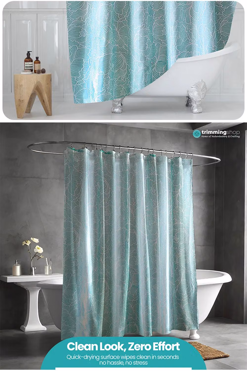 Neel Blue Floral Design Polyester Shower Curtain in Light Blue, Water Resistant and Mould Resistant, W/D/H: 180 x 200 cm – 3