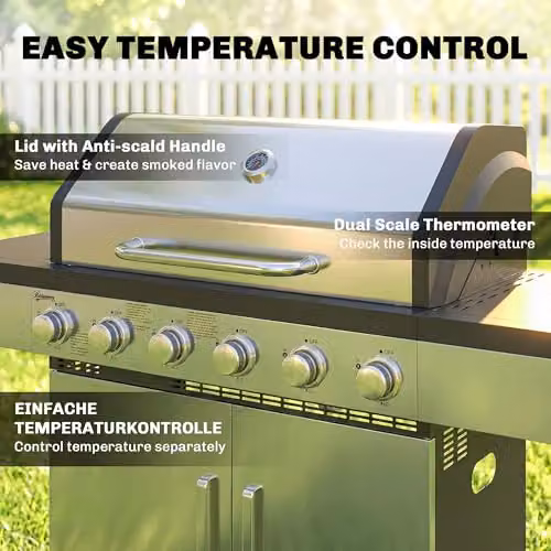 Outsunny 6 Burner Propane Gas BBQ Grill with Warming Rack, Thermometer and Wheels, Silver – 4