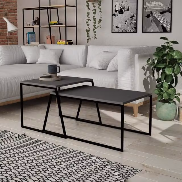 FWStyle Set of 2 Nesting Coffee Tables in Anthracite Grey and Black