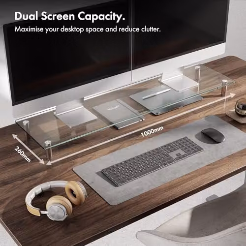 VonHaus Height Adjustable Dual Screen Glass Monitor Stand with Aluminium Legs, W: 100 cm, D: 26 cm – 2