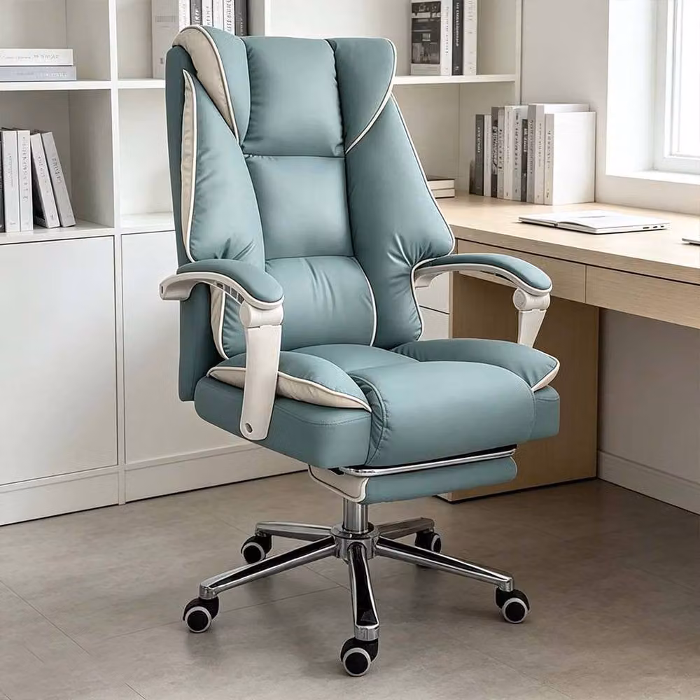 FORGEVIO Blue Synthetic Leather Executive Office Chair with Headrest and Foot Ring – 3