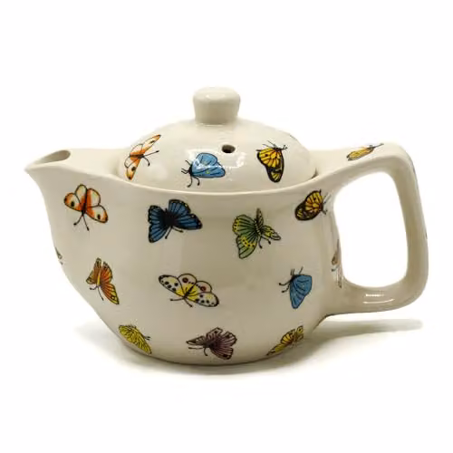 KDMD Small Ceramic Herbal Teapot with Infuser, Multicolour and White Butterflies