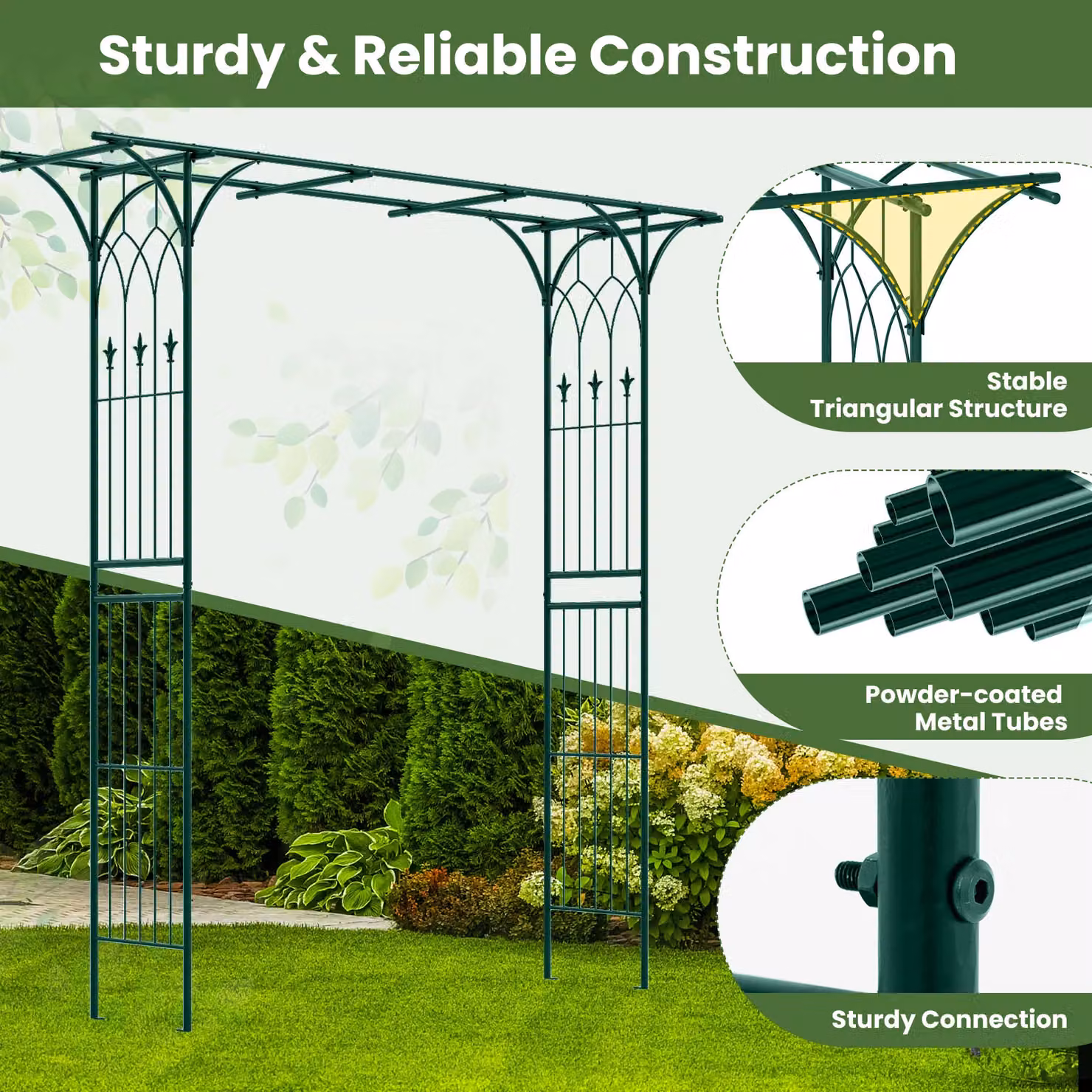 Gymax Metal Garden Arbor Archway for Climbing Plants in Green, Height: 205 cm – 5