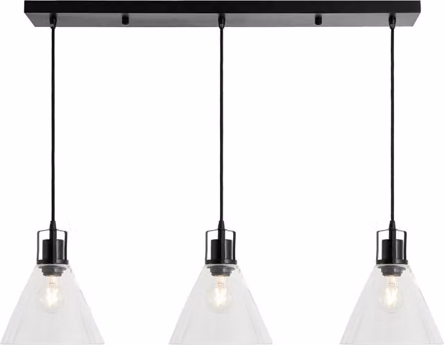 Litecraft Clara 3 Light Ceiling Pendant Bar in Matte Black and Transparent Glass
