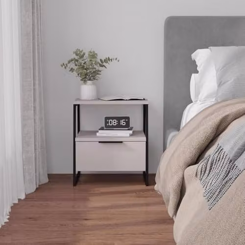 FWStyle Sandstone Bedside Table with 1 Drawer and Open Shelf in Beige and Black, W/D/H: 45 x 50 x 41 cm – 2