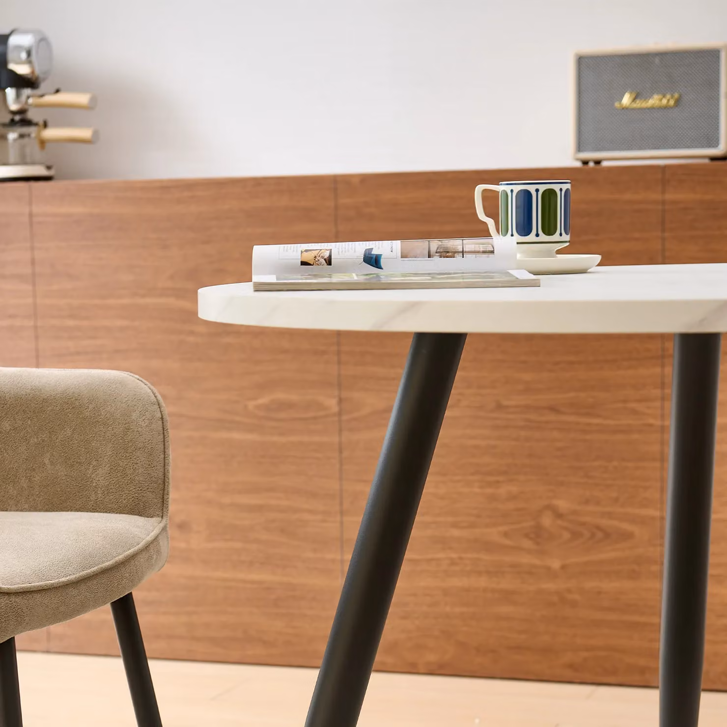 SONARA Round Rustic Dining Table with Wood Top and White Metal Legs, Diameter: 100 cm, Height: 75 cm – 4