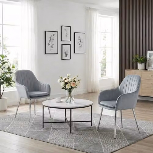 Alivio Set of 2 Grey Velvet Upholstered Dining Armchairs with Removable Seat Cushions and Metal Legs – 3