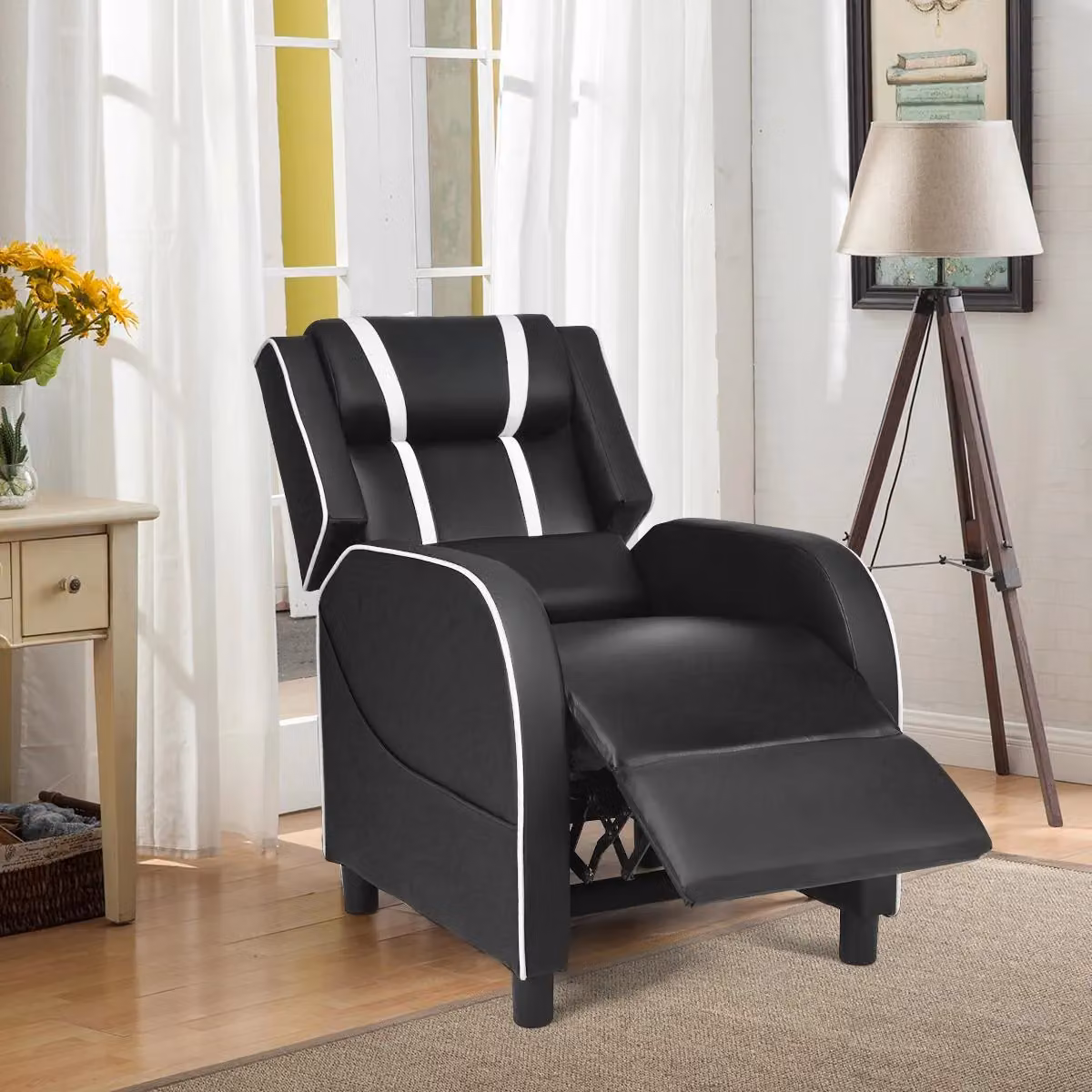 Gymax White PU Leather Single Recliner Sofa Gaming Chair with Adjustable Footrest and Headrest – 3
