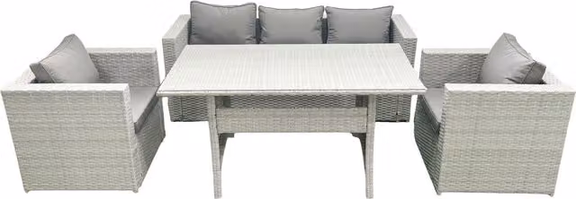 Fimous Garden Dining Set, Modern Outdoor Rattan Furniture with Sofa, Dining Table and 2 Chairs, Light Grey