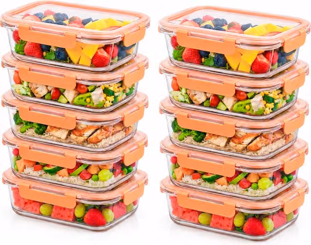Innoteck Set of 5 Airtight Glass Meal Prep Containers with Silicone Snap Lids, Orange