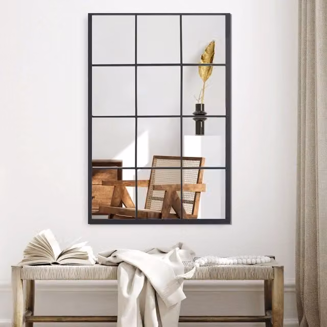 Lifeideas Industrial Rectangular 12-Grid Glass Window Mirror with Black Metal Frame