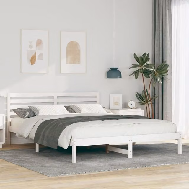 Berkfield Home White Solid Pine Wood Bed with Headboard W/D/H: 160 x 80.5 x 220 cm