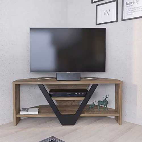 DECOROTIKA Karin Corner TV Stand and Media Console, Walnut and Black, W: 90 cm, D: 35 cm, H: 38 cm – 2