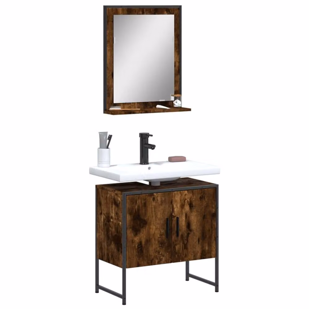 Berkfield Home 2 Piece Industrial Bathroom Cabinet Set in Brown Smoked Oak with Vanity Unit and Mirror Cabinet – 2