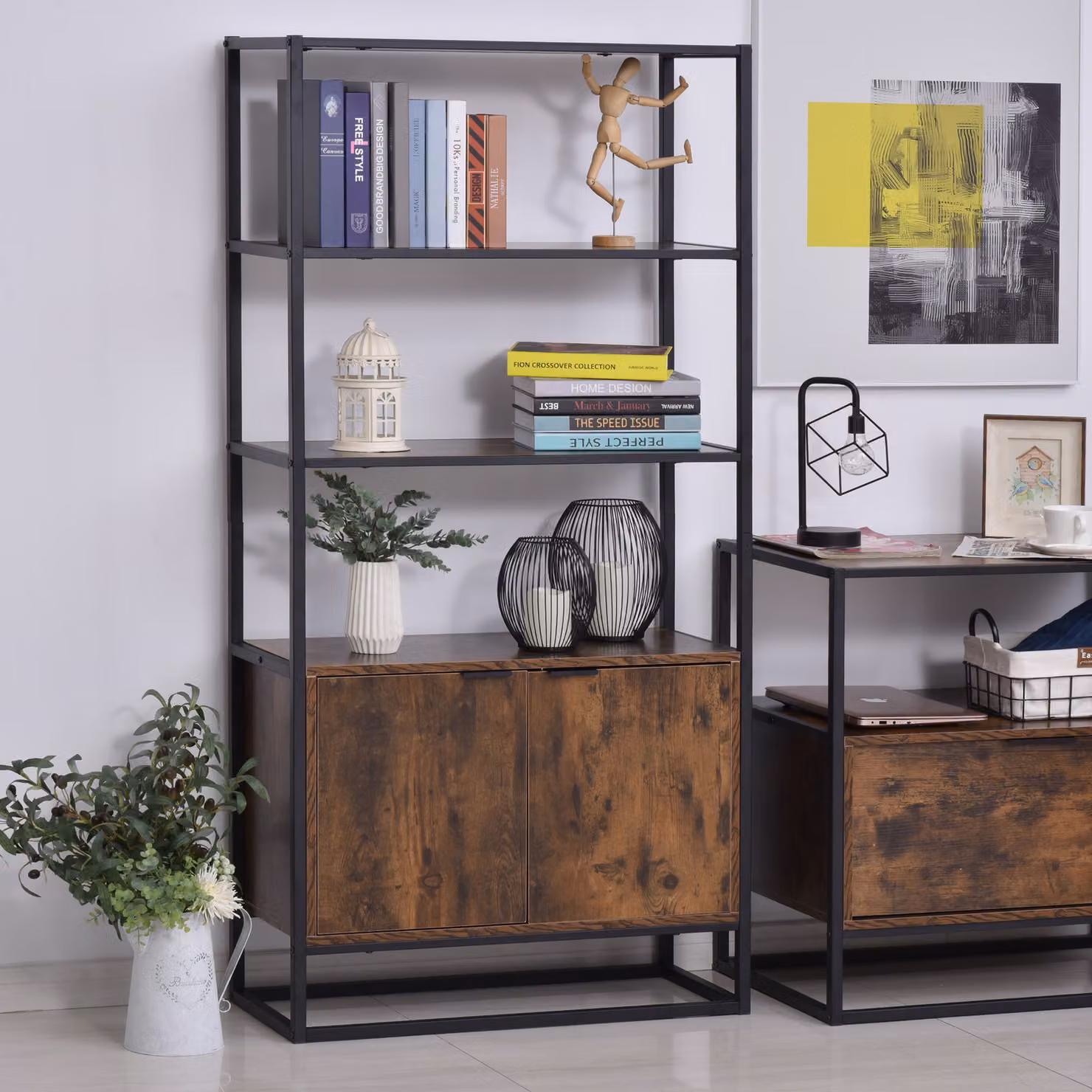 HOMCOM Industrial Freestanding Storage Cabinet with 3 Open Shelves and Hinged Doors in Brown and Black – 2