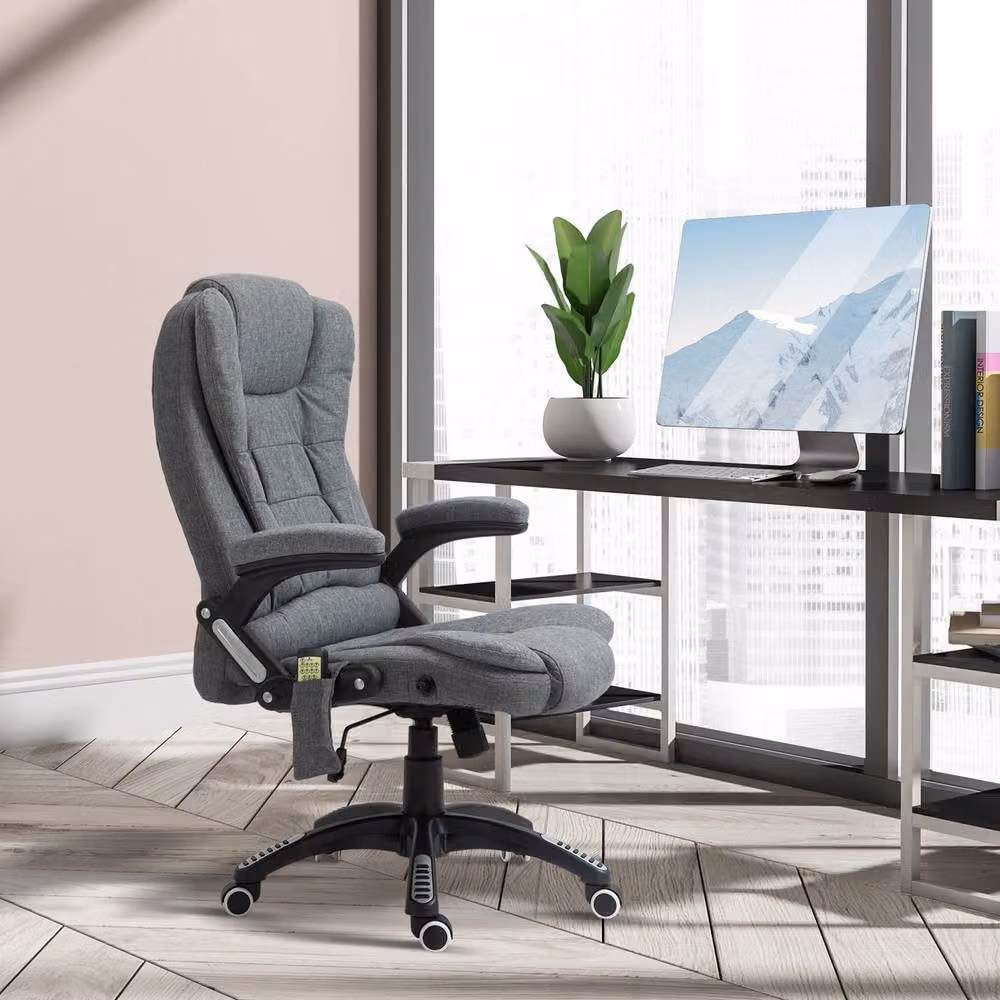 Rolipo Heated 6-Point Massage Reclining Linen-Feel Office Chair in Grey – 4