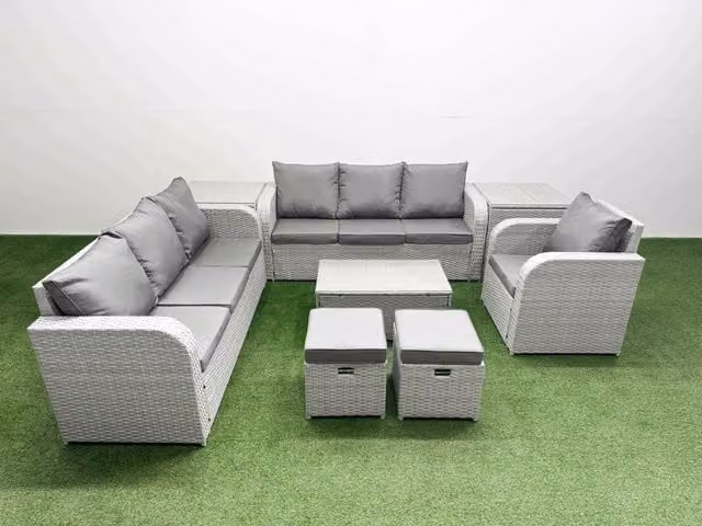 Fimous 9 Seater Poly Rattan Garden Furniture Set in Light Grey with Upholstered Cushions, 3 Seater Sofas, Reclining Chairs, Stools and Side Tables
