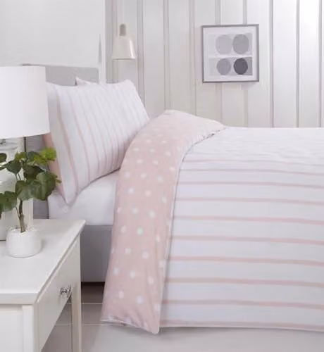 Rapport Home Spots and Stripes Microfibre Duvet Cover and Pillowcase Set, Pink, W/D/H: 135 x 200 cm and 50 x 75 cm